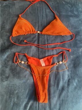 Orange Shimmer Triangle Bikini Set with Gold Chain Accent